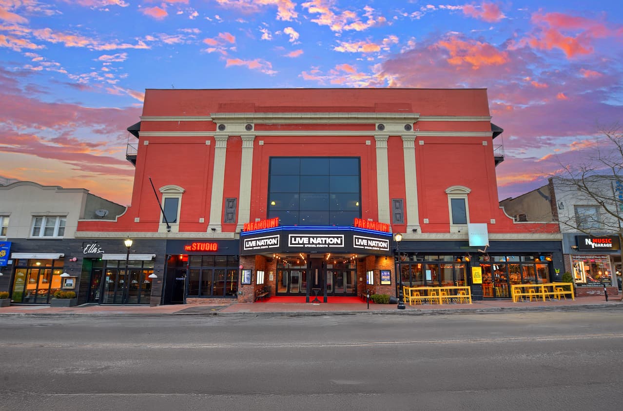 The Paramount Theater in Huntington, NY, at dusk