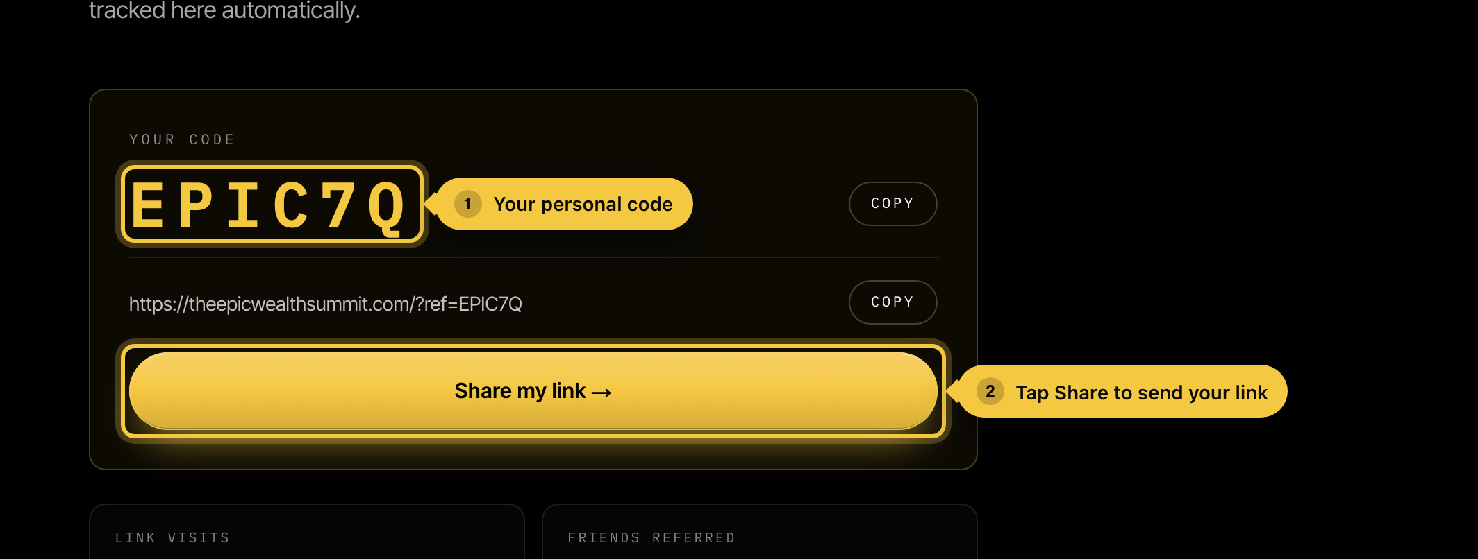The dashboard code card with the code, copy buttons, and share button highlighted