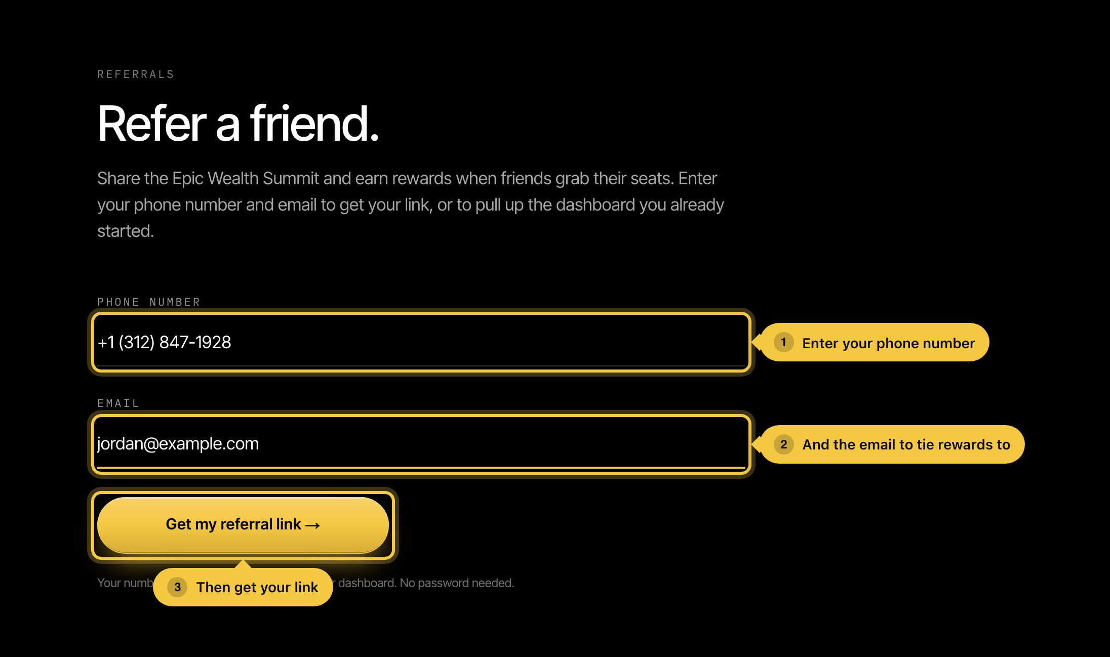 The referral page with the phone and email fields highlighted