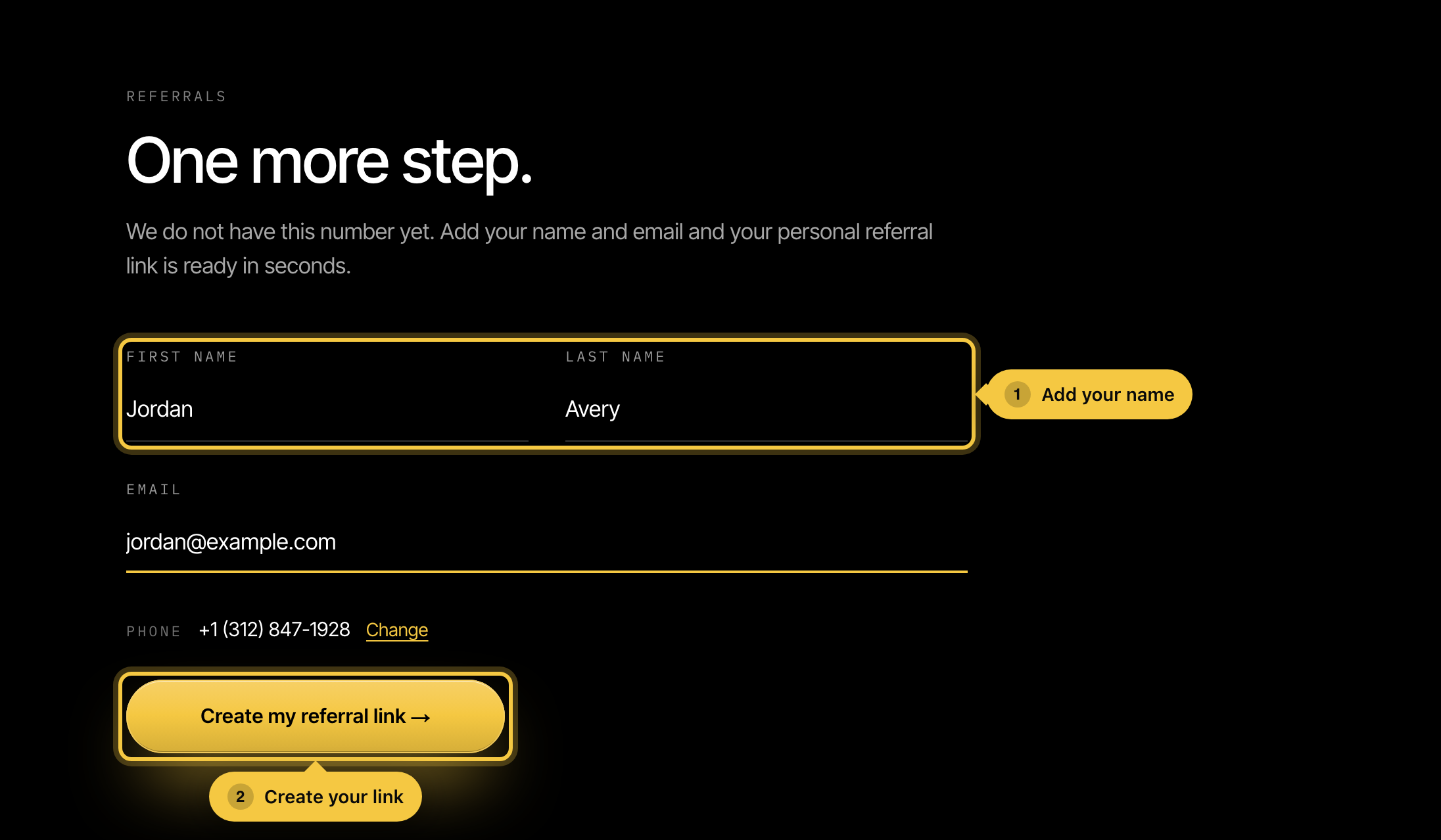 The short register form with first name, last name, and email highlighted